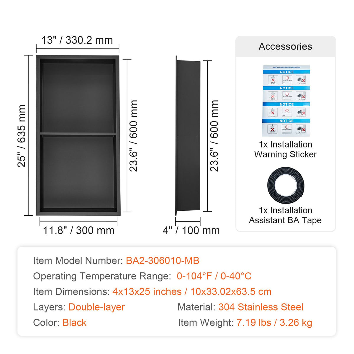 VEVOR 33.02 x 63.5 cm No Tile Shower Niche 304 Stainless Steel, Wall-Inserted Niche Recessed Double Shelves, Sealed Waterproof Rust-Resistant Modern Niche for Shower or Soap Storage Bathroom
