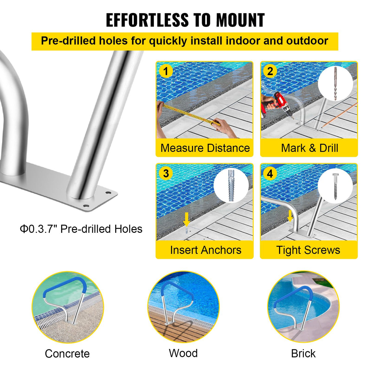 VEVOR Pool Rail 39x32 Pool Railing 304 Stainless Steel 250LBS Load Capacity Silver Rustproof Pool Handrail Humanized Swimming Pool Handrail with Blue Grip Cover & M8 Drill Bit & Self-Taping Screws