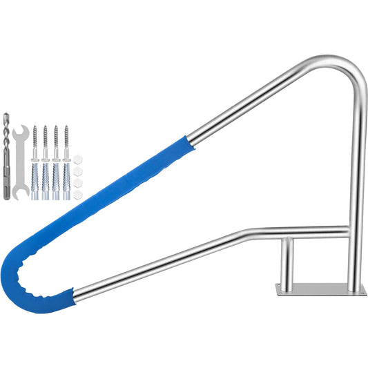 VEVOR Pool Rail 55x32 Pool Railing 304 Stainless Steel 250LBS Load Capacity Silver Rustproof Pool Handrail Humanized Swimming Pool Handrail with Blue Grip Cover & M8 Drill Bit & Self-Taping Screws