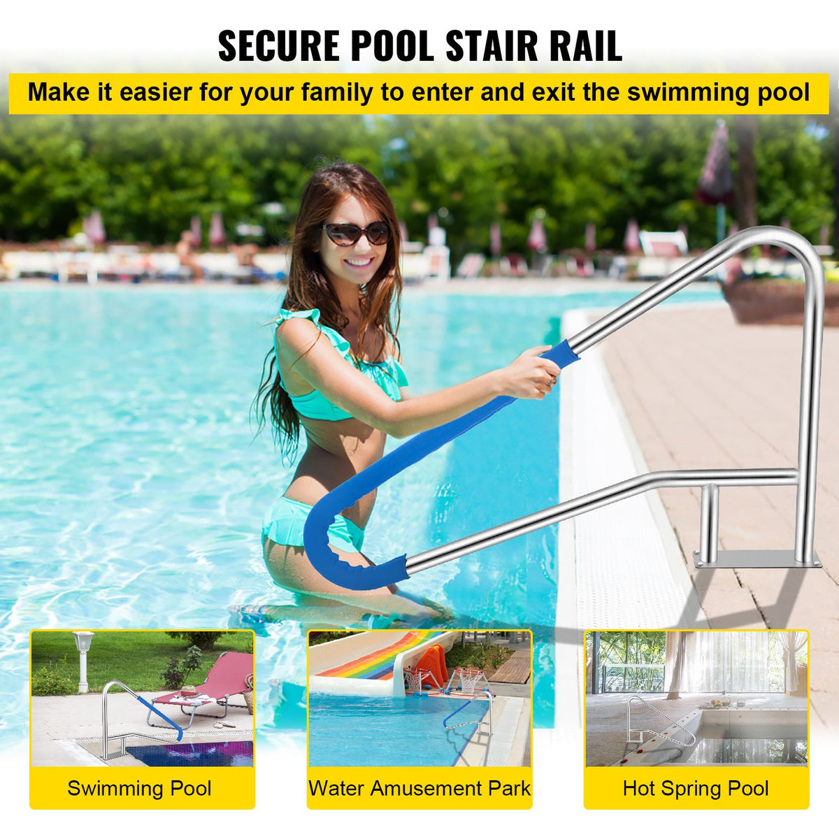 VEVOR Pool Rail 55x32 Pool Railing 304 Stainless Steel 250LBS Load Capacity Silver Rustproof Pool Handrail Humanized Swimming Pool Handrail with Blue Grip Cover & M8 Drill Bit & Self-Taping Screws