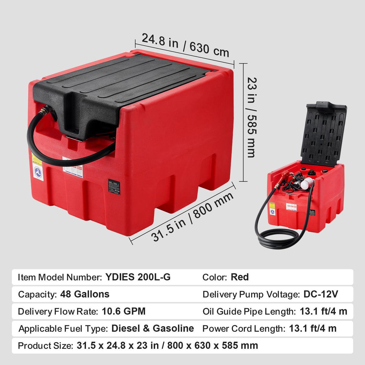 Portable Diesel & Gasoline Tank, 182L, 10.6 GPM Flow Rate, Diesel Fuel Tank with Electric Transfer Pump, 4 m Hose, Auto Fueling Nozzle, Diesel Transfer Tank for Easy Fuel Transportation, Red