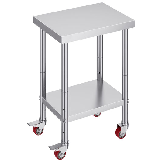 VEVOR 24x18x34 Inch Stainless Steel Work Table 3-Stage Adjustable Shelf with 4 Wheels Heavy Duty Commercial Food Prep Worktable with Brake for Kitchen Prep Work