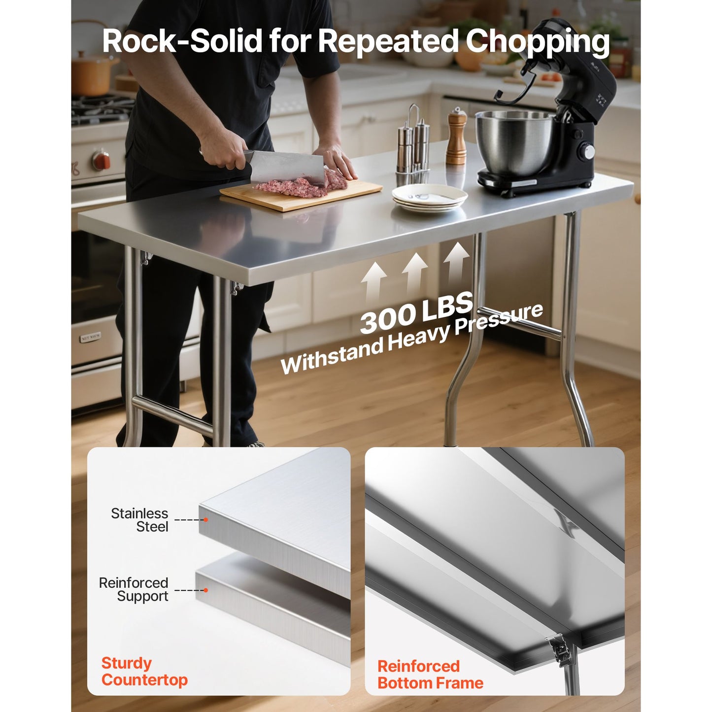 VEVOR Stainless Steel Kitchen Bench Folding Commercial Prep Table 1220x610 mm