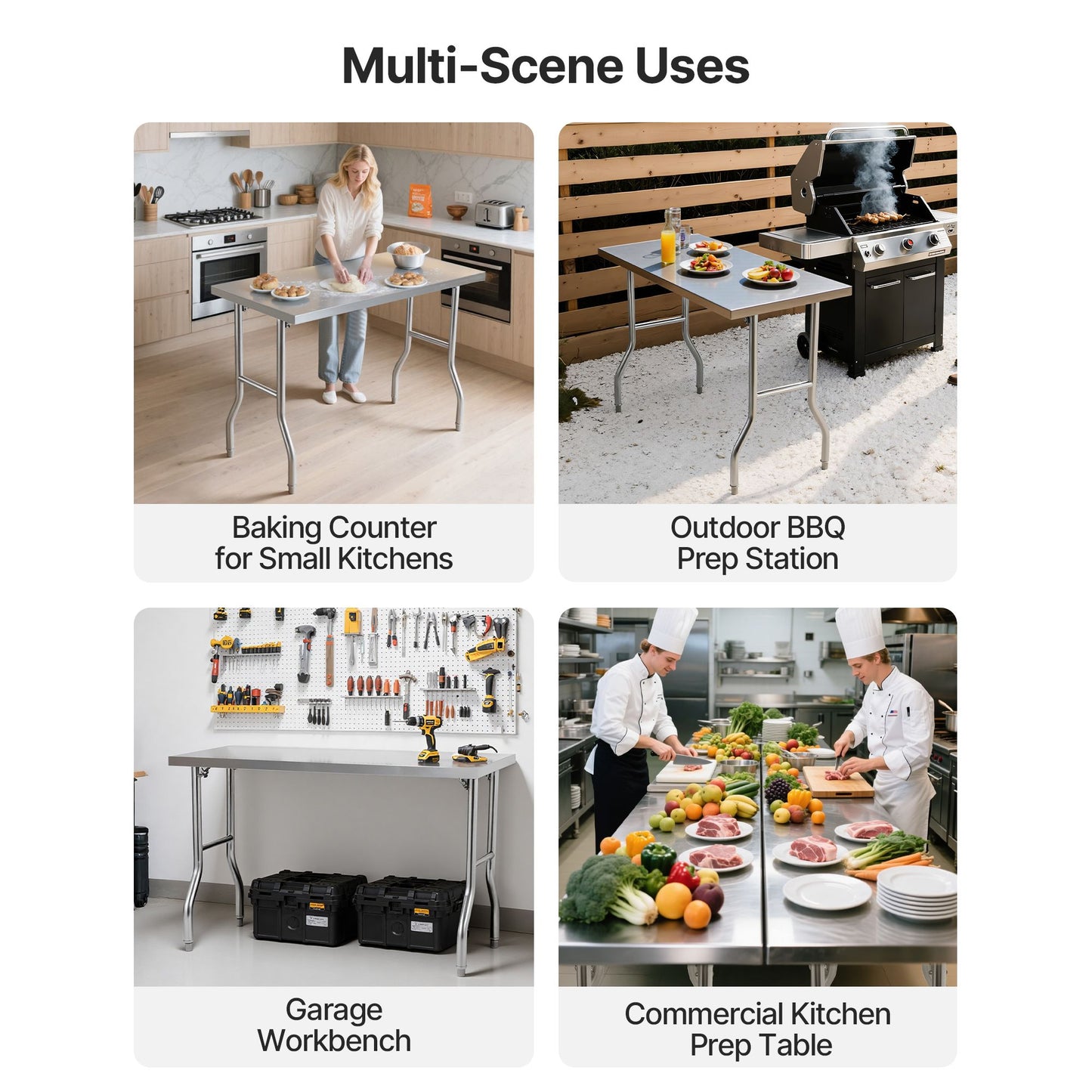 VEVOR Stainless Steel Kitchen Bench Folding Commercial Prep Table 1220x610 mm