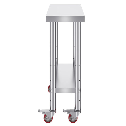 VEVOR 30x12x34 Inch Stainless Steel Work Table 3-Stage Adjustable Shelf with 4 Wheels Heavy Duty Commercial Food Prep Worktable with Brake for Kitchen Prep Work