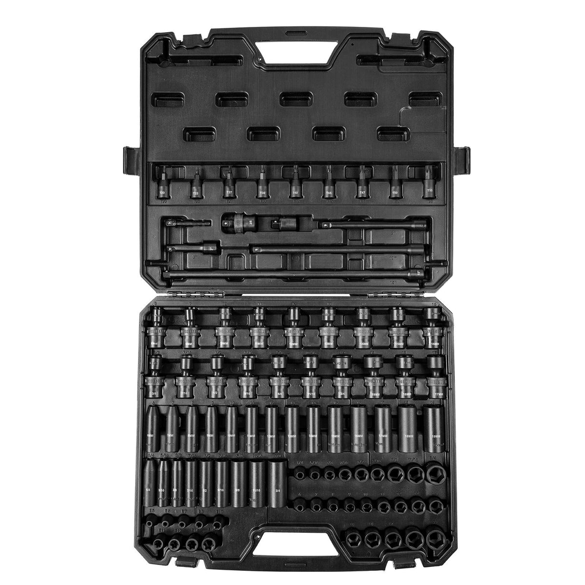 3/8" Drive Impact Socket Set, 90 Piece Socket Set SAE 1/4"-3/4" and Metric 6-19mm, 6 Point Cr-Mo Alloy Steel for Auto Repair, Includes Extension Bars Universal Joint Adapter Lock Storage Case