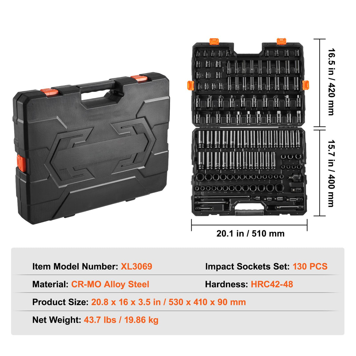 VEVOR Impact Sockets Set 130PCS 6-Point 3/8" & 1/2" Drive Bit Ratchet Tool Kit