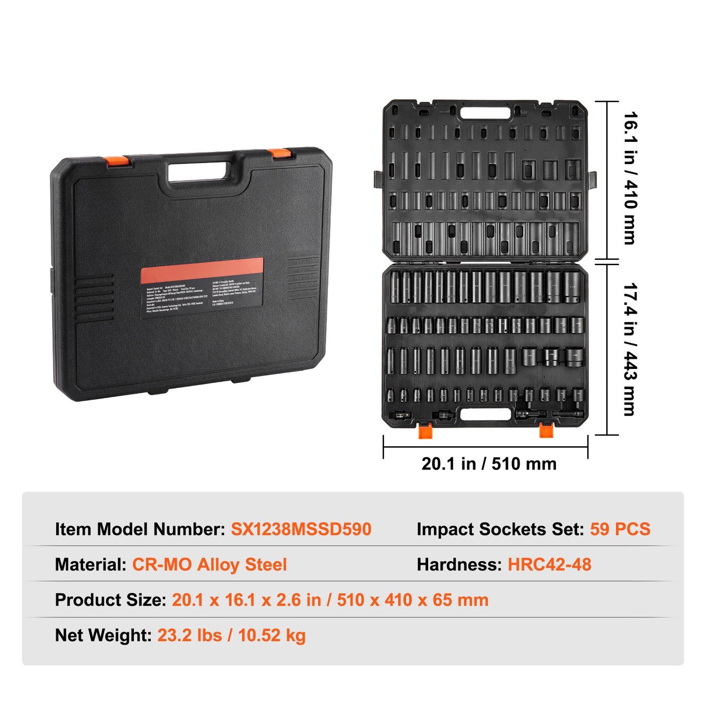 VEVOR Impact Sockets Set 59pcs 6-Point 3/8" & 1/2" Drive Bit Ratchet Tool Kit