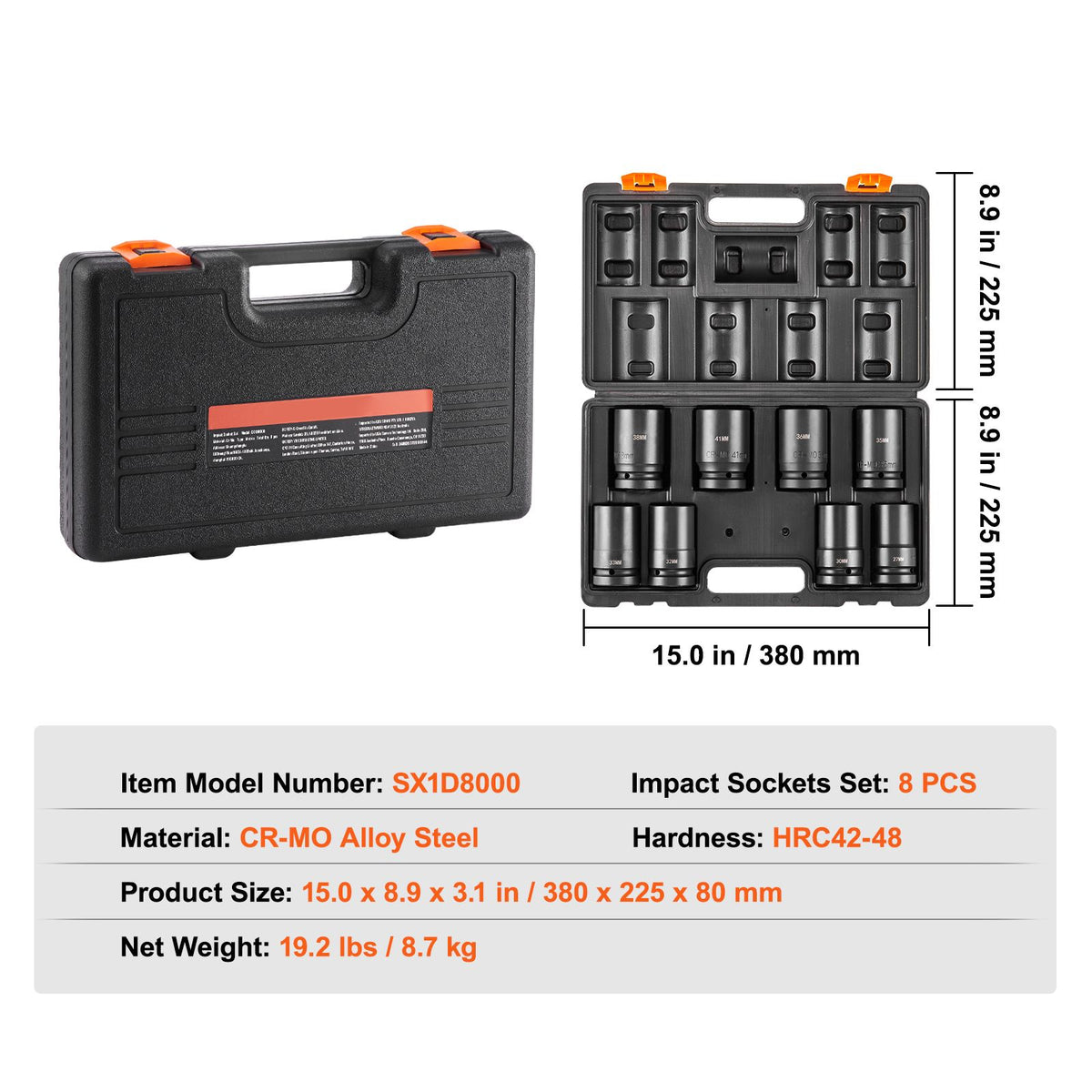 VEVOR Impact Sockets Set 8pcs 6-Point 1" Drive Bit Ratchet Tool Kit Case