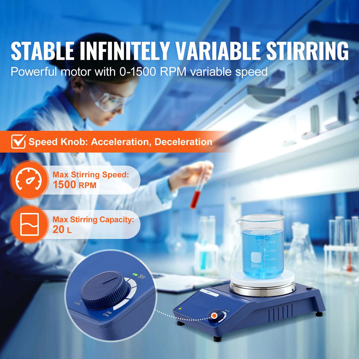 VEVOR Magnetic Stirrer Stir Plate Kit 0-1500 RPM Adjustable Speed Max 22L
