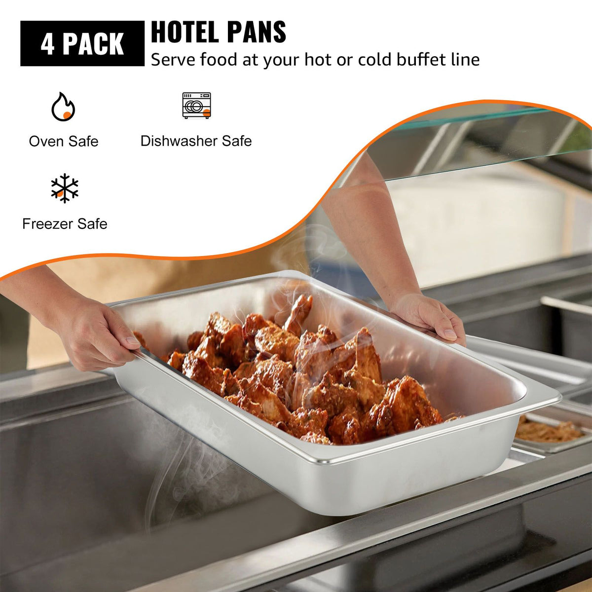 VEVOR 4 Pack Hotel Pan 3.7" Deep Steam Table Pan Full Size with Lid 20.8"L x 13"W Hotel Pan 22 Gauge Stainless Steel Anti Jam Steam Table Pan
