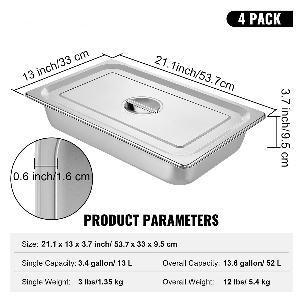 VEVOR 4 Pack Hotel Pan 3.7" Deep Steam Table Pan Full Size with Lid 20.8"L x 13"W Hotel Pan 22 Gauge Stainless Steel Anti Jam Steam Table Pan
