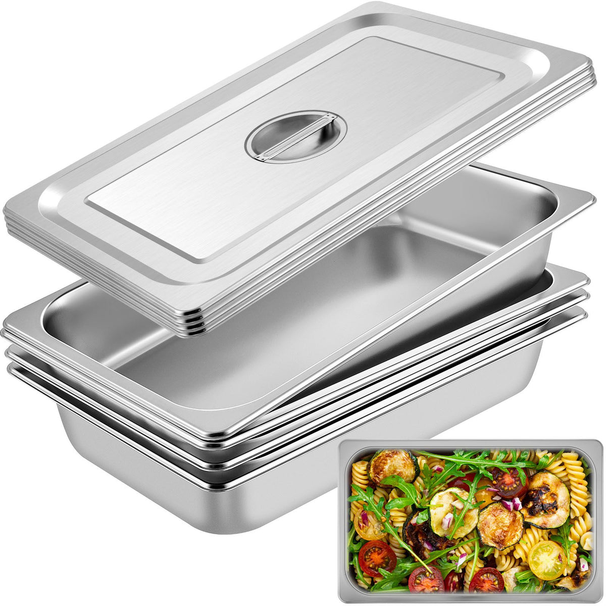 VEVOR 4 Pack Hotel Pan 3.7" Deep Steam Table Pan Full Size with Lid 20.8"L x 13"W Hotel Pan 22 Gauge Stainless Steel Anti Jam Steam Table Pan
