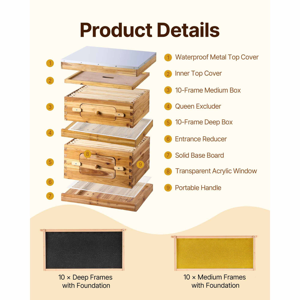 VEVOR Bee Hive 20 Frame Bee Hives Starter Kit, Beeswax Coated Cedar Wood, 1 Deep + 1 Medium Bee Boxes Langstroth Beehive Kit, Transparent Acrylic Windows with Foundations for Beginners Pro Beekeepers
