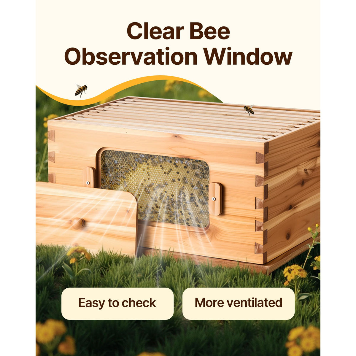 VEVOR Bee Hive 20 Frame Bee Hives Starter Kit, Beeswax Coated Cedar Wood, 1 Deep + 1 Medium Bee Boxes Langstroth Beehive Kit, Transparent Acrylic Windows with Foundations for Beginners Pro Beekeepers