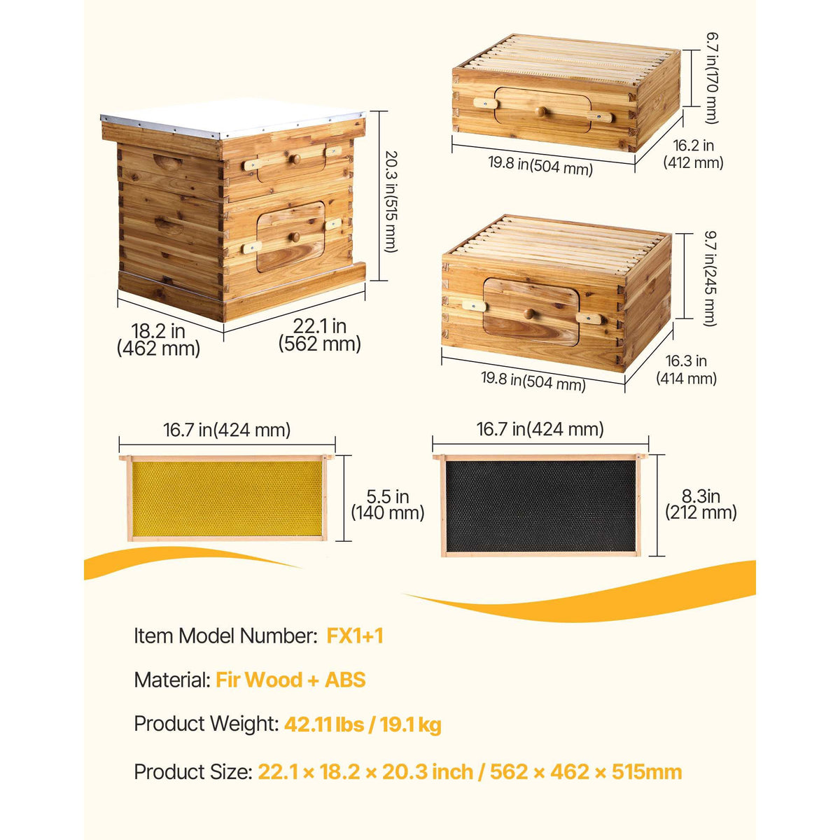 VEVOR Bee Hive 20 Frame Bee Hives Starter Kit, Beeswax Coated Cedar Wood, 1 Deep + 1 Medium Bee Boxes Langstroth Beehive Kit, Transparent Acrylic Windows with Foundations for Beginners Pro Beekeepers