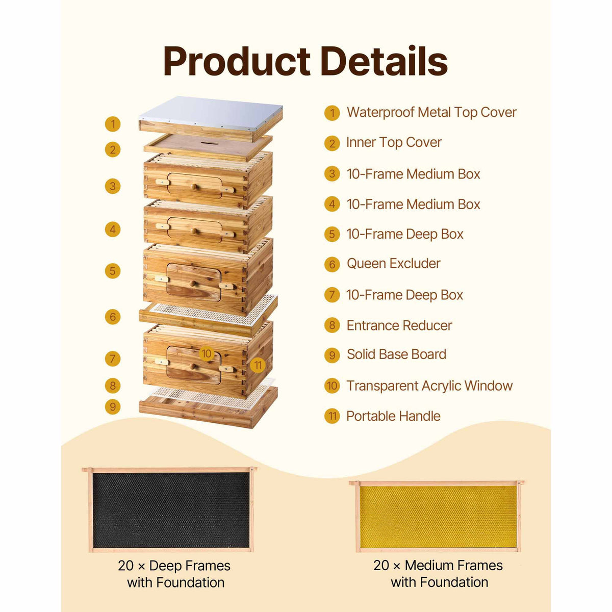 VEVOR Bee Hive 40 Frame Bee Hives Starter Kit, Beeswax Coated Cedar Wood, 2 Deep + 2 Medium Bee Boxes Langstroth Beehive Kit, Transparent Acrylic Windows with Foundations for Beginners Pro Beekeepers
