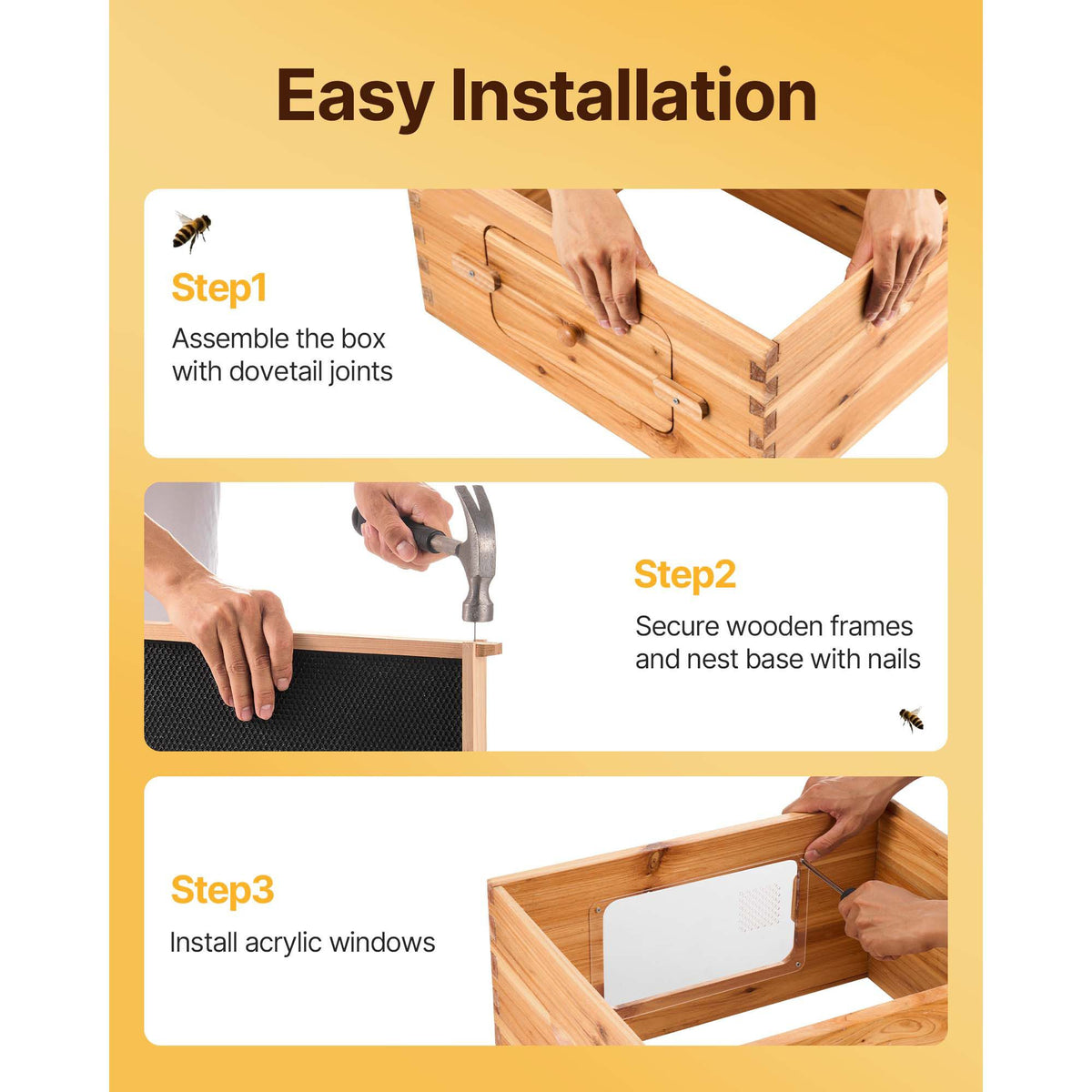 VEVOR Bee Hive 40 Frame Bee Hives Starter Kit, Beeswax Coated Cedar Wood, 2 Deep + 2 Medium Bee Boxes Langstroth Beehive Kit, Transparent Acrylic Windows with Foundations for Beginners Pro Beekeepers