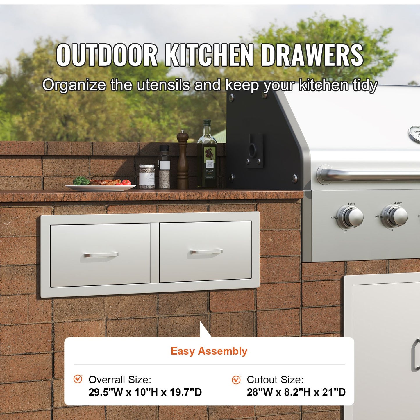 VEVOR Outdoor Kitchen Drawers 30" W x 10" H x 20" D, Horizontal Double BBQ Access Drawers Stainless Steel with Handle, BBQ Island Drawers for Outdoor Kitchens or Patio Grill Station