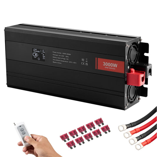 VEVOR Pure Sine Wave Inverter, 3000 Watt, Power Inverter with 2 AC Outlets 2 USB Port 1 Type-C Port, LCD Display and Remote Controller for Large Home Appliances, CE FCC Certified