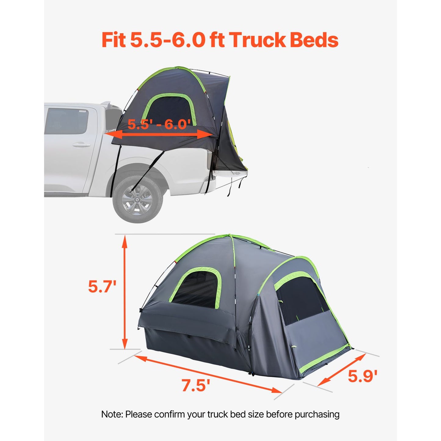 VEVOR Truck Tent 5.5-6.0ft Waterproof PU2000 Truck Bed Camping Tent 2-3 Person
