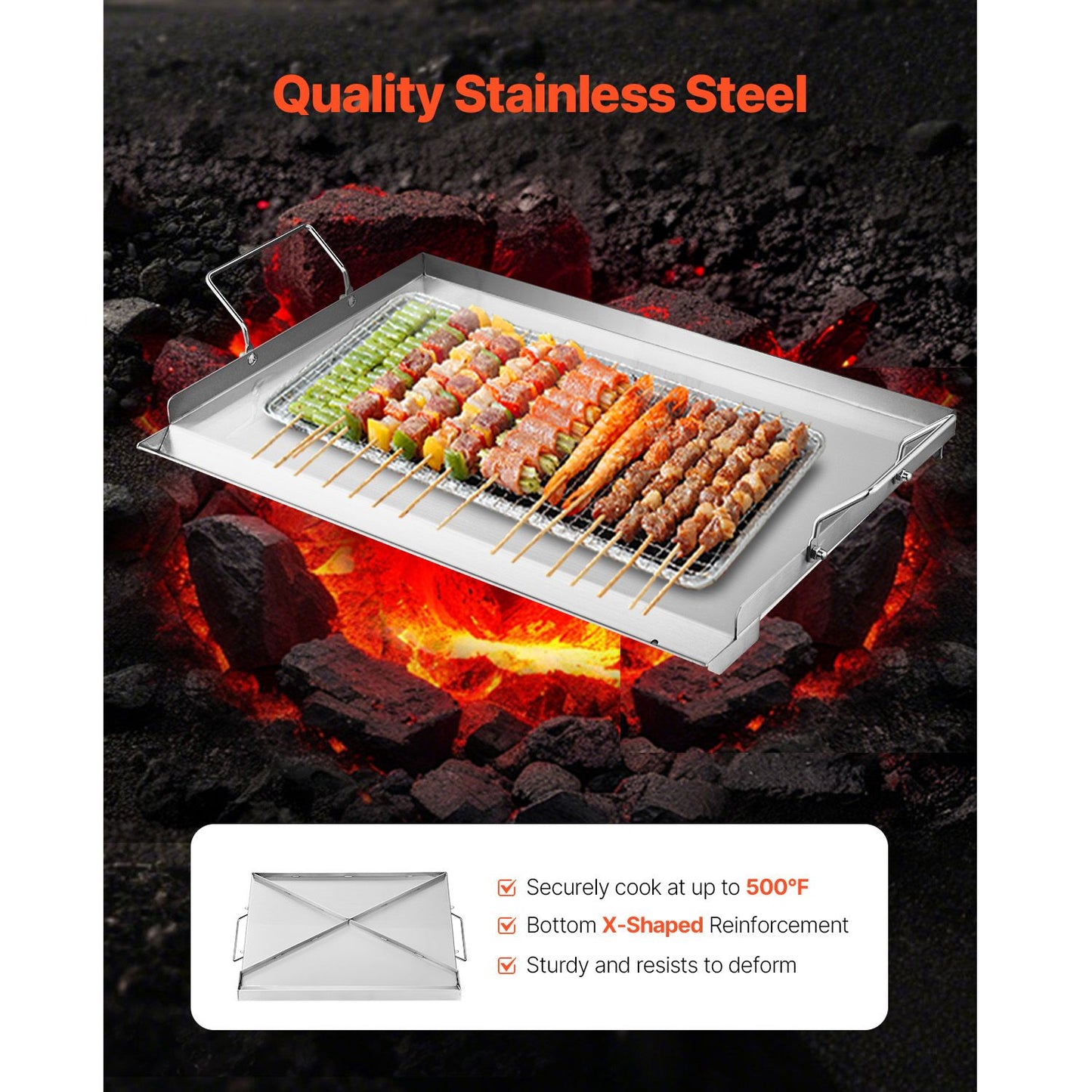 VEVOR Stainless Steel Griddle, 23x16 inch Universal Flat Top Rectangular Plate, Gas Grill Griddle for BBQ Grill, Teppanyaki, Portable Family Cookware with Handle, for Camping Tailgating Party