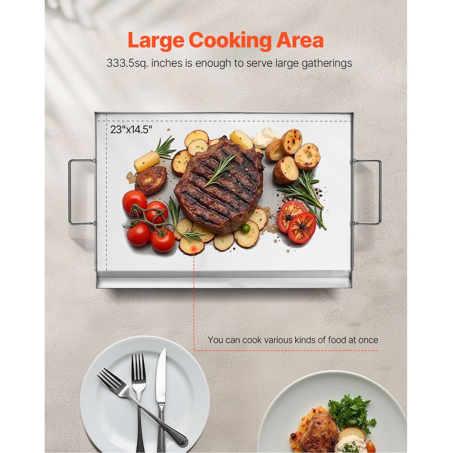 VEVOR Stainless Steel Griddle, 23x16 inch Universal Flat Top Rectangular Plate, Gas Grill Griddle for BBQ Grill, Teppanyaki, Portable Family Cookware with Handle, for Camping Tailgating Party