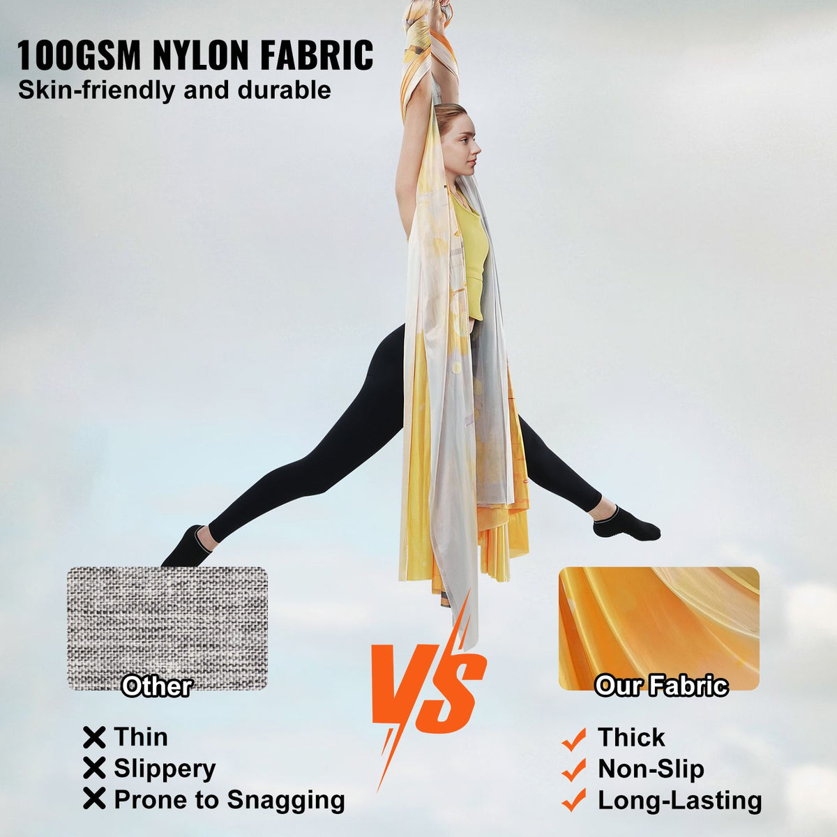 VEVOR Aerial Yoga Hammock & Swing, 5 m Length, Aerial Yoga Starter Kit with 100gsm Nylon Fabric, Full Rigging Hardware & Easy Set-up Guide, Antigravity Flying for All Levels Fitness Bodybuilding, Gold