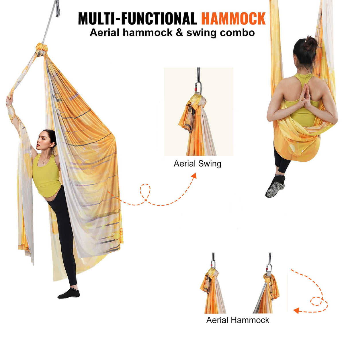 VEVOR Aerial Yoga Hammock & Swing, 5 m Length, Aerial Yoga Starter Kit with 100gsm Nylon Fabric, Full Rigging Hardware & Easy Set-up Guide, Antigravity Flying for All Levels Fitness Bodybuilding, Gold