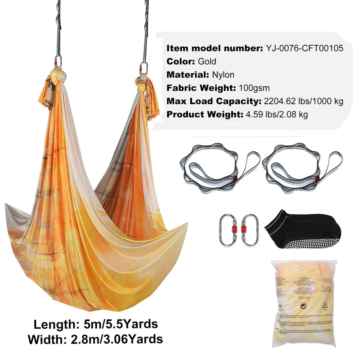 VEVOR Aerial Yoga Hammock & Swing, 5 m Length, Aerial Yoga Starter Kit with 100gsm Nylon Fabric, Full Rigging Hardware & Easy Set-up Guide, Antigravity Flying for All Levels Fitness Bodybuilding, Gold
