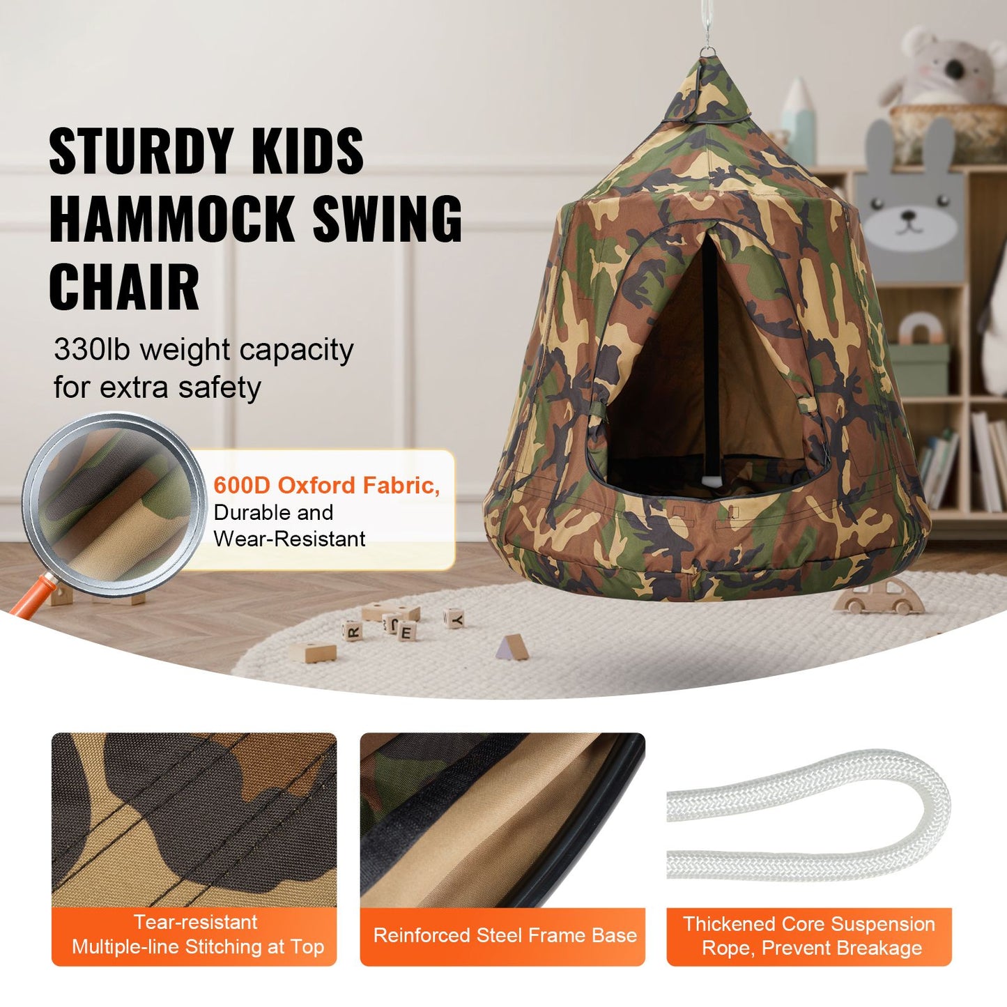 VEVOR Hanging Tree Tent, 330 LBS Capacity Hanging Tent Swing for Indoor and Outdoor Hammock Sensory Swing Chair w/LED Lights String, Inflatable Base, Ceiling Swing Pod Play Tent for Kids & Adults