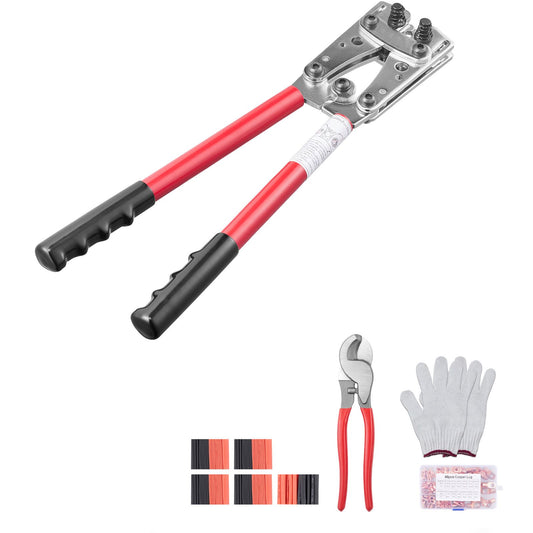 VEVOR Battery Cable Lug Crimping Tool, 10-1/0AWG with Cable Cutter and 95PCS Copper Ring Terminals, 6 Wire Sizes Crimping Die and 100pcs Heat Shrink Tubes, for Heavy Duty Wire Lugs