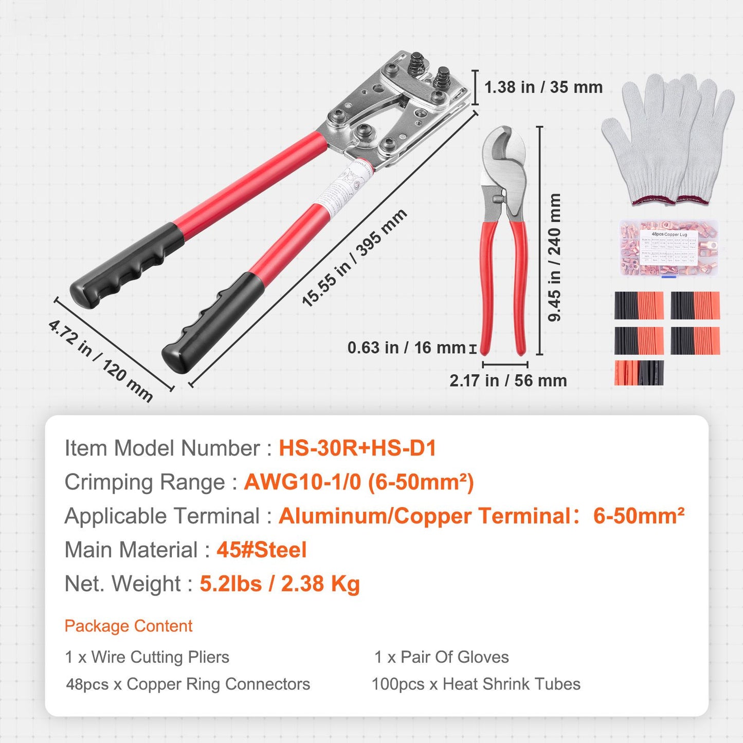 VEVOR Battery Cable Lug Crimping Tool, 10-1/0AWG with Cable Cutter and 95PCS Copper Ring Terminals, 6 Wire Sizes Crimping Die and 100pcs Heat Shrink Tubes, for Heavy Duty Wire Lugs