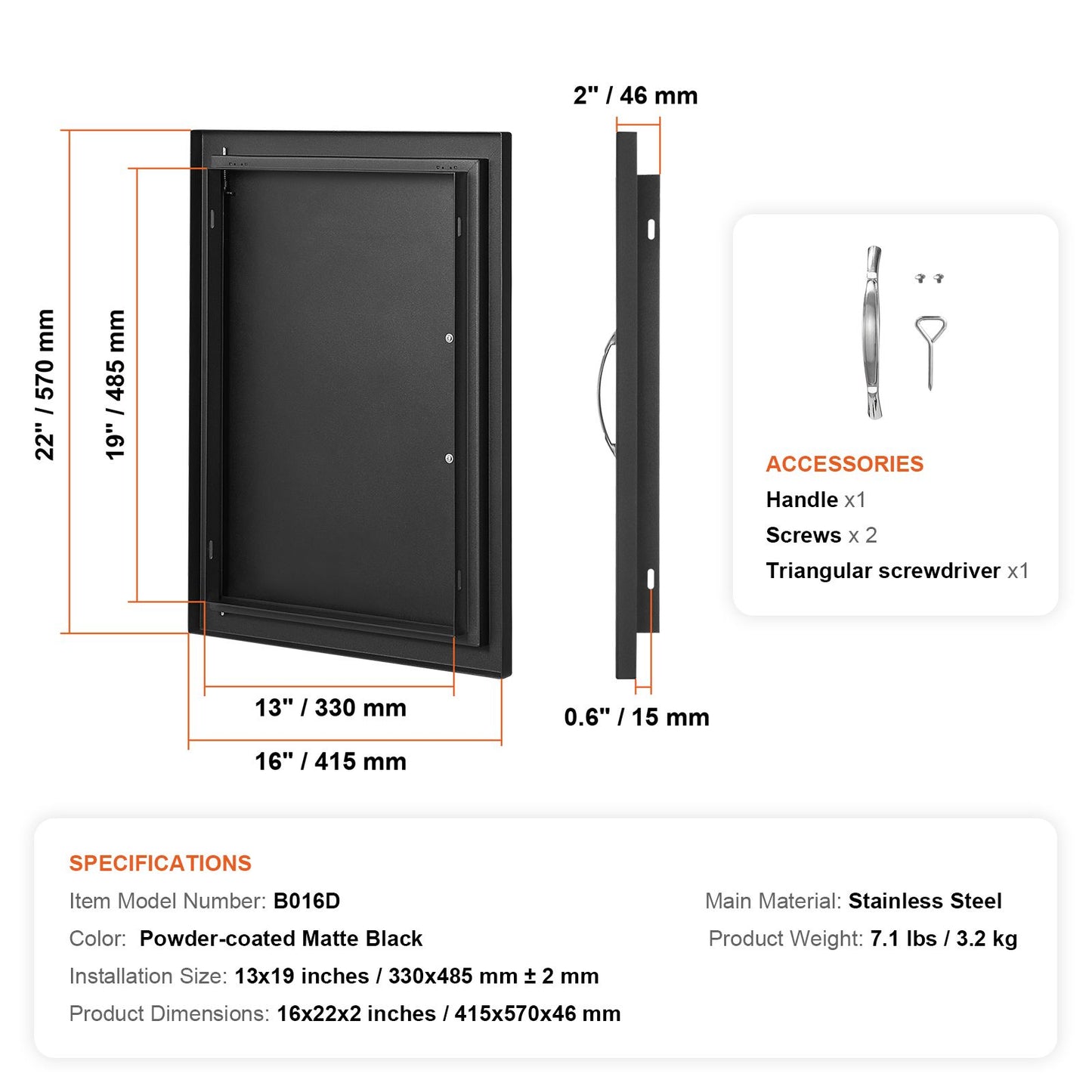 VEVOR BBQ Access Door, 415x570 mm Single Outdoor Kitchen Door, Cold Plate Flush Mount Door, Wall Vertical Door with Handle, for BBQ Island, Grilling Station, Outside Cabinet