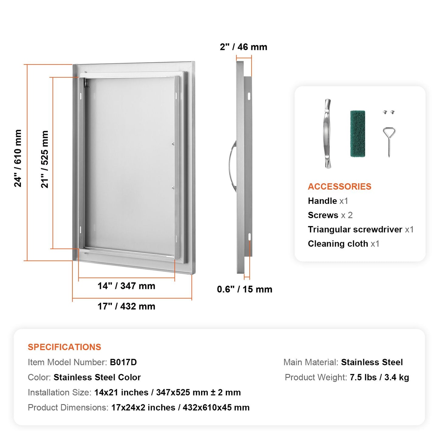 VEVOR BBQ Access Door, 432x610 mm Single Outdoor Kitchen Door, Stainless Steel Flush Mount Door, Wall Vertical Door with Handle, for BBQ Island, Grilling Station, Outside Cabinet