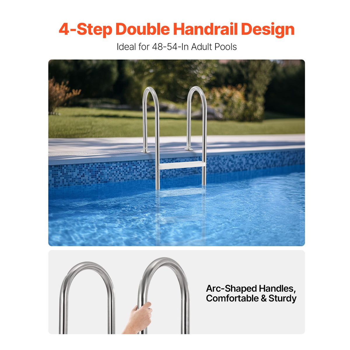 VEVOR 4-Step Stainless Steel Pool Ladder of 2 Handrail for 1371.6 mm Decked Pool