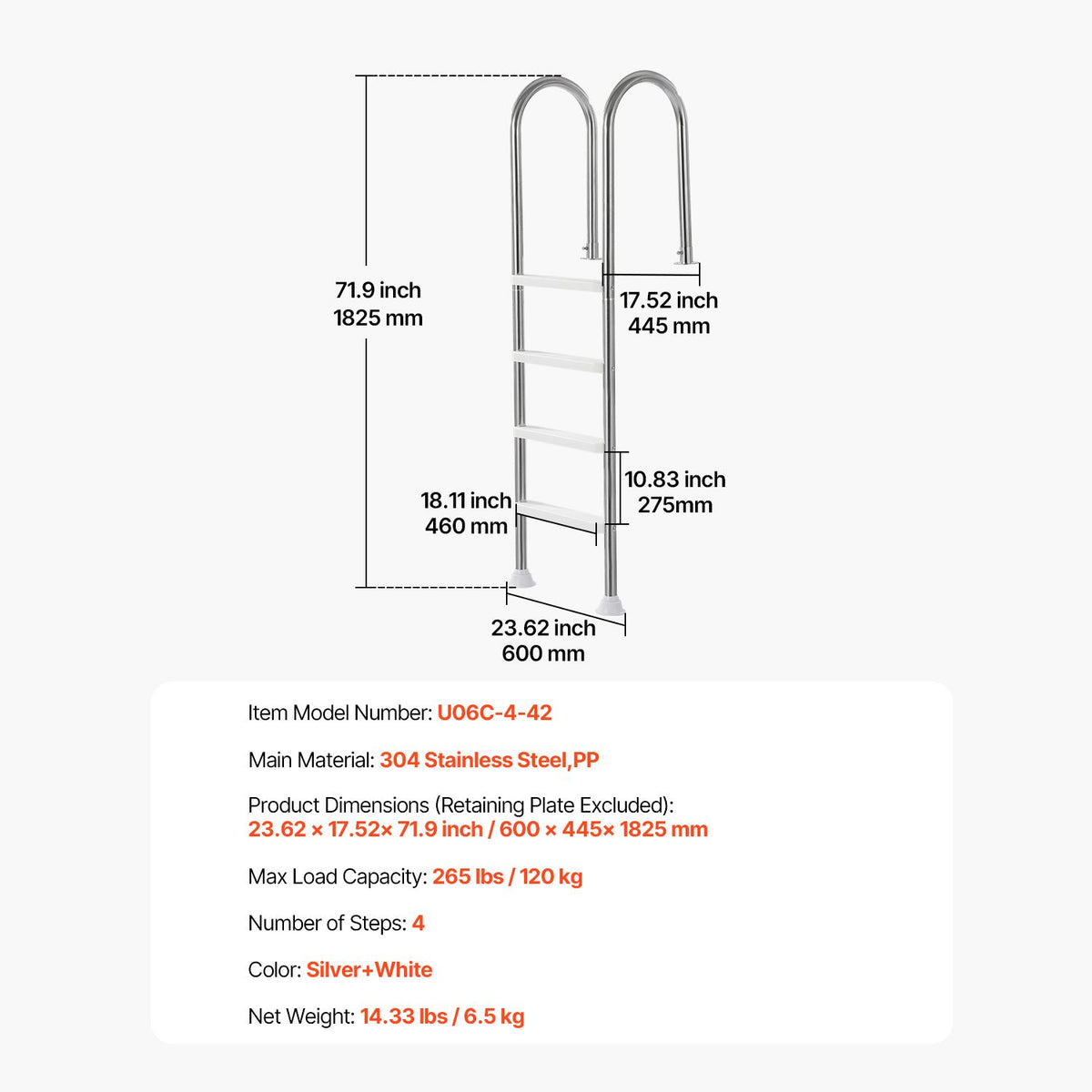 VEVOR 4-Step Stainless Steel Pool Ladder of 2 Handrail for 1371.6 mm Decked Pool