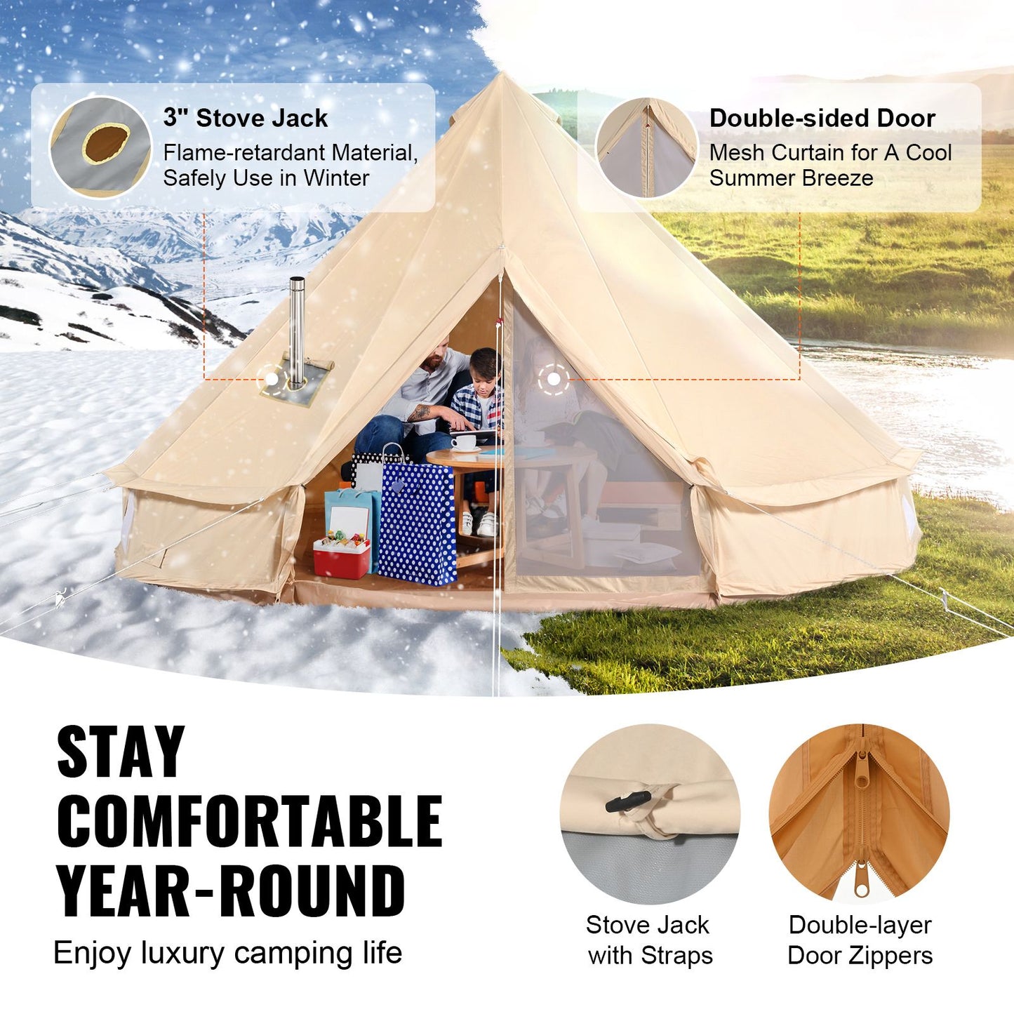VEVOR Canvas Bell Tent 4m/13.12ft 4-Season Camping Yurt Tent with Stove Jack