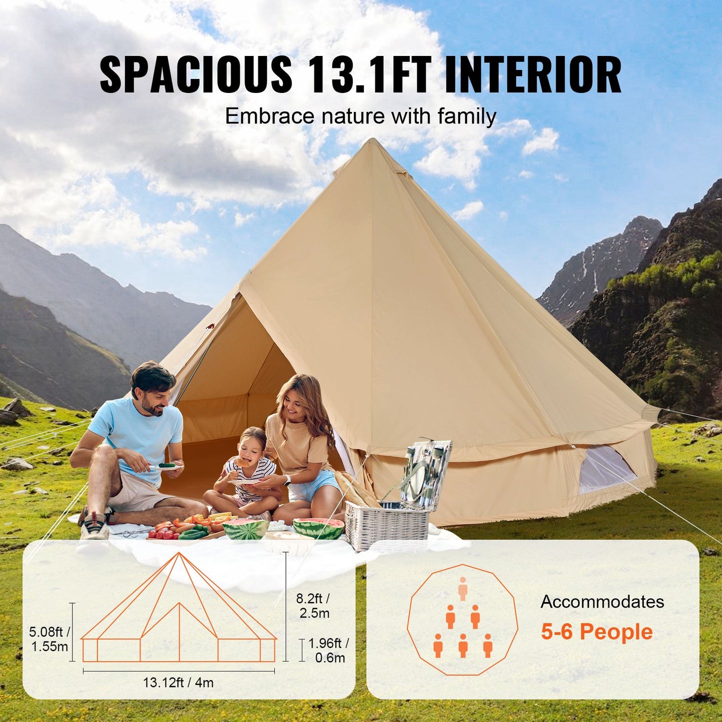 VEVOR Canvas Bell Tent 4m/13.12ft 4-Season Camping Yurt Tent with Stove Jack