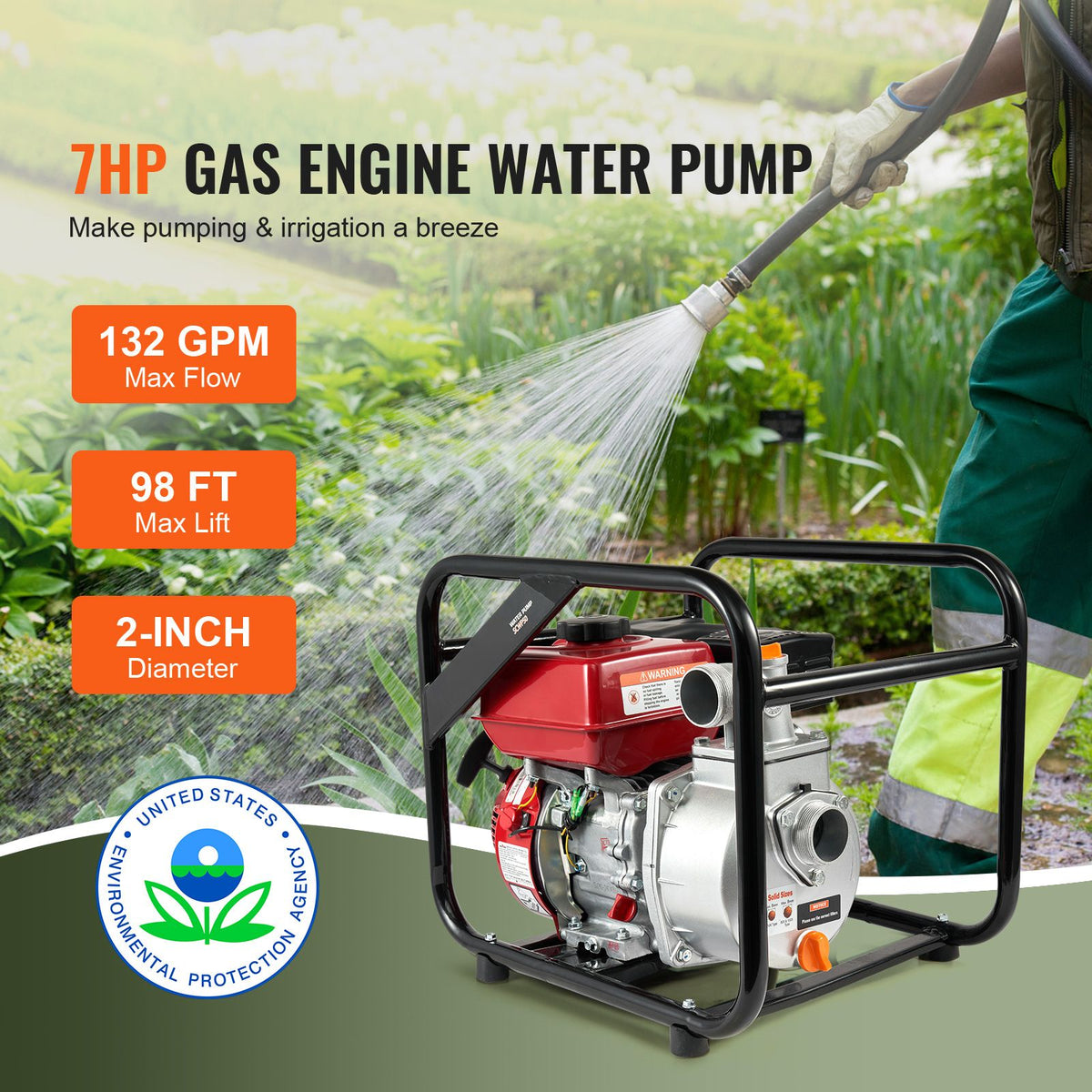 VEVOR Gasoline Engine Water Pump Gas Powered Transfer Pump 50 mm 7HP 4-Stroke