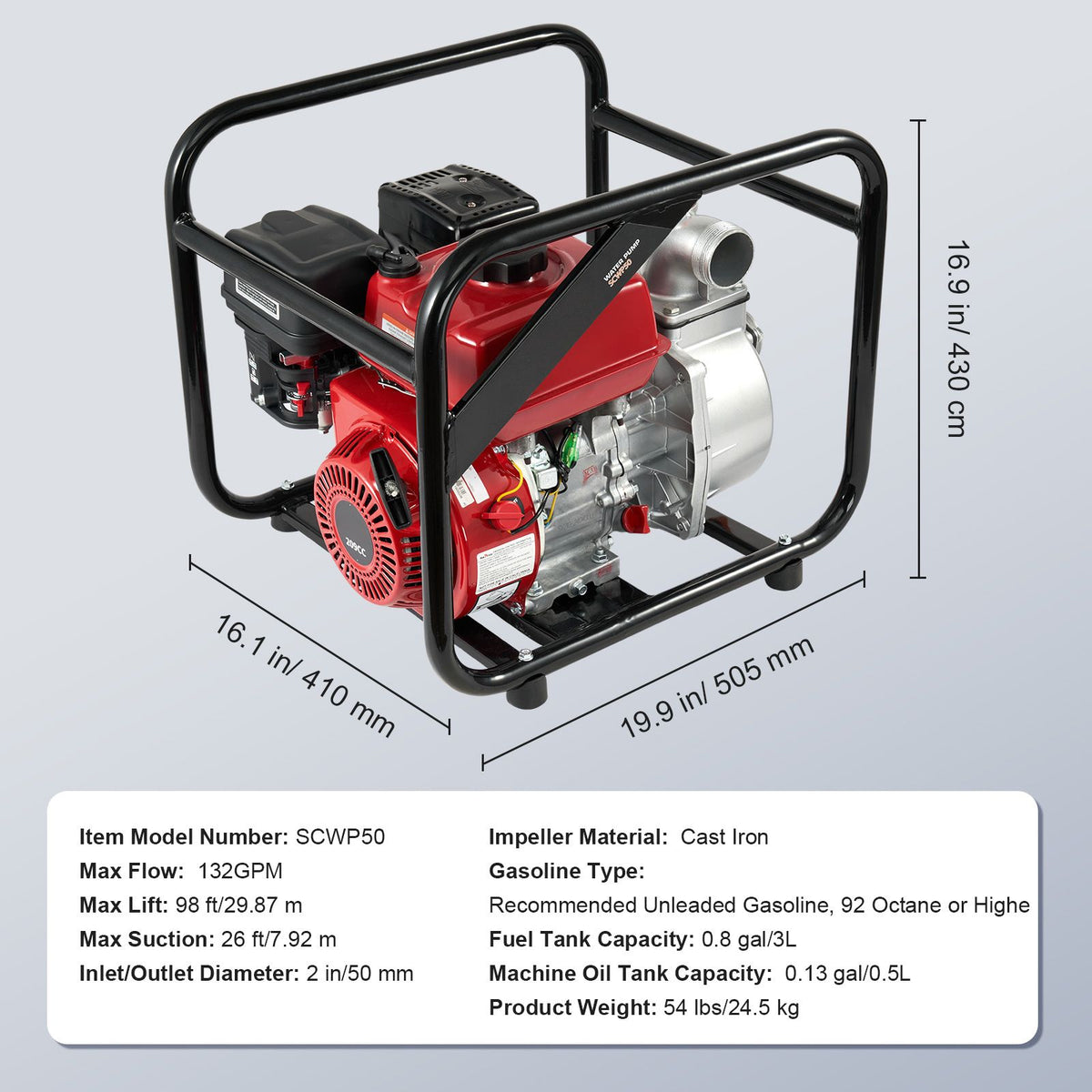 VEVOR Gasoline Engine Water Pump Gas Powered Transfer Pump 50 mm 7HP 4-Stroke
