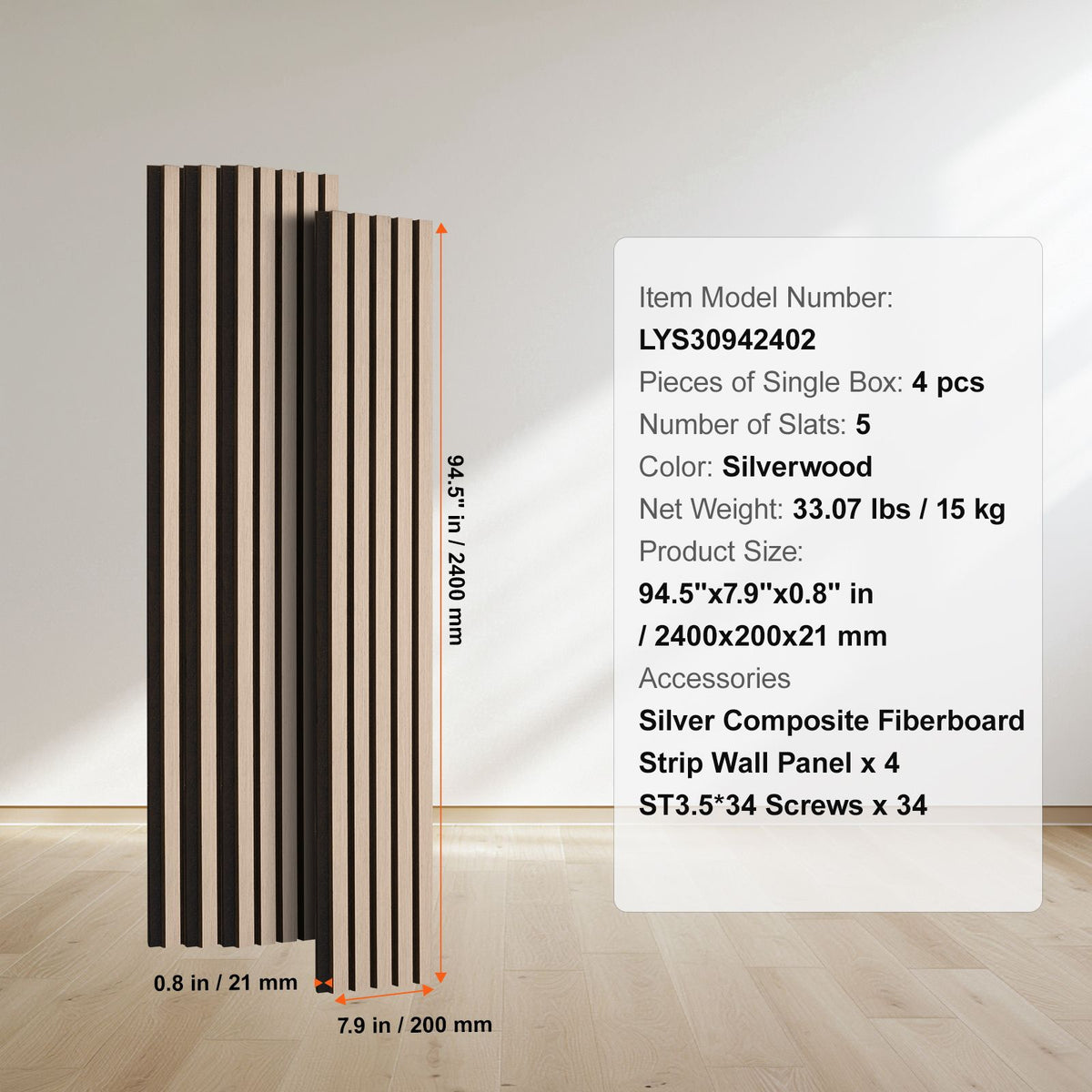 Wood Slat Acoustic Panels, 7.9 x 94.5 inch, MDF Accent Wooden Wall Panels for Modern Interior Wall Decor, Faux Wood Wall Board Panels for Noise Reduction, Silver Wood