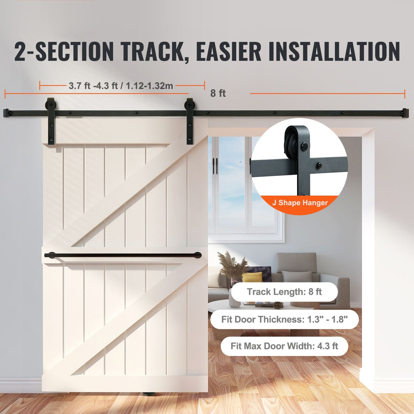 VEVOR 8FT Sliding Barn Door Hardware Closet Track Kit for Single Door J Hanger