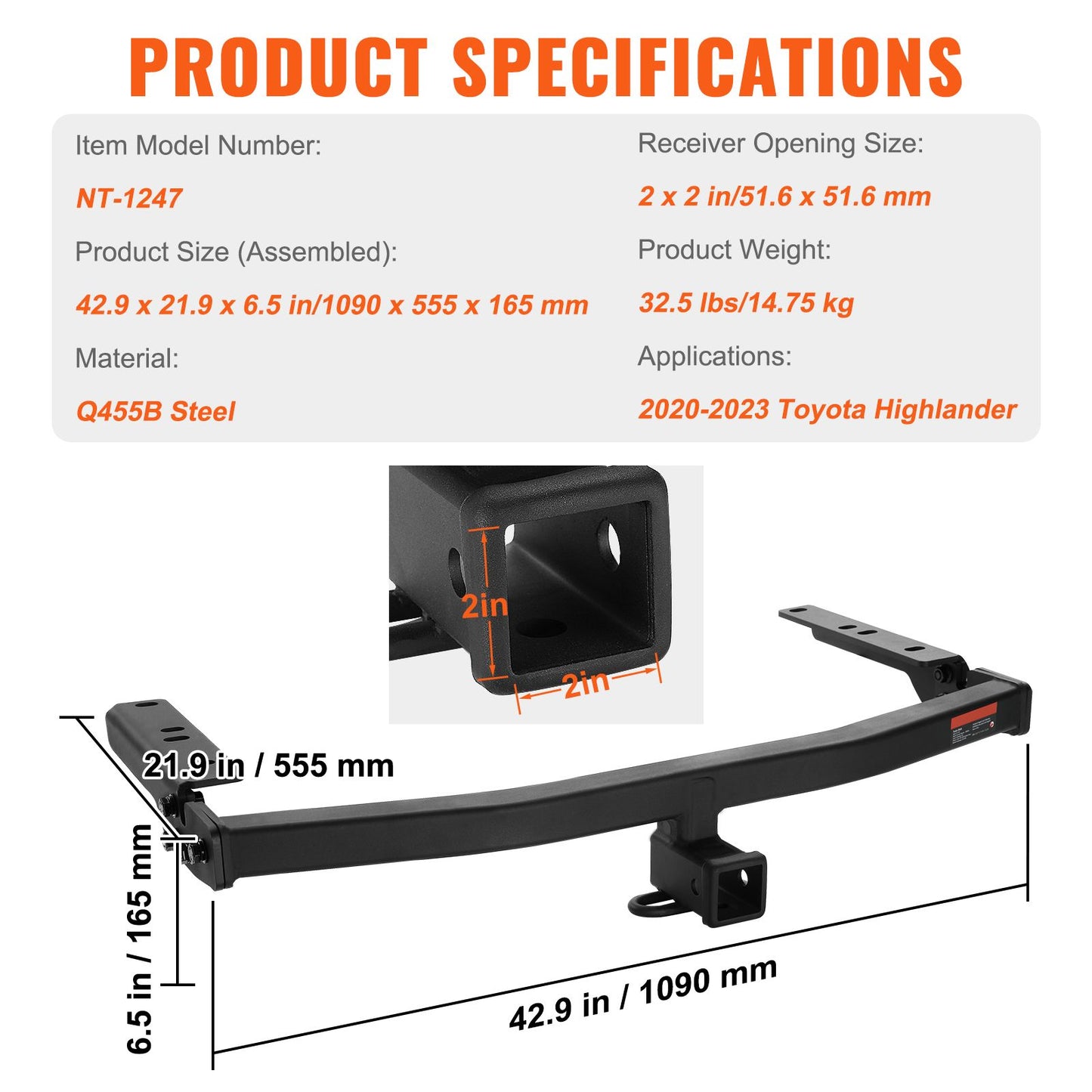 VEVOR Class 3 Trailer Hitch, 2-Inch Receiver, Q455B Steel Tube Frame, Compatible with 2020-2023 Toyota Highlander, Multi-Fit Hitch to Receive Ball Mount, Cargo Carrier, Bike Rack, and Tow Hook, Black