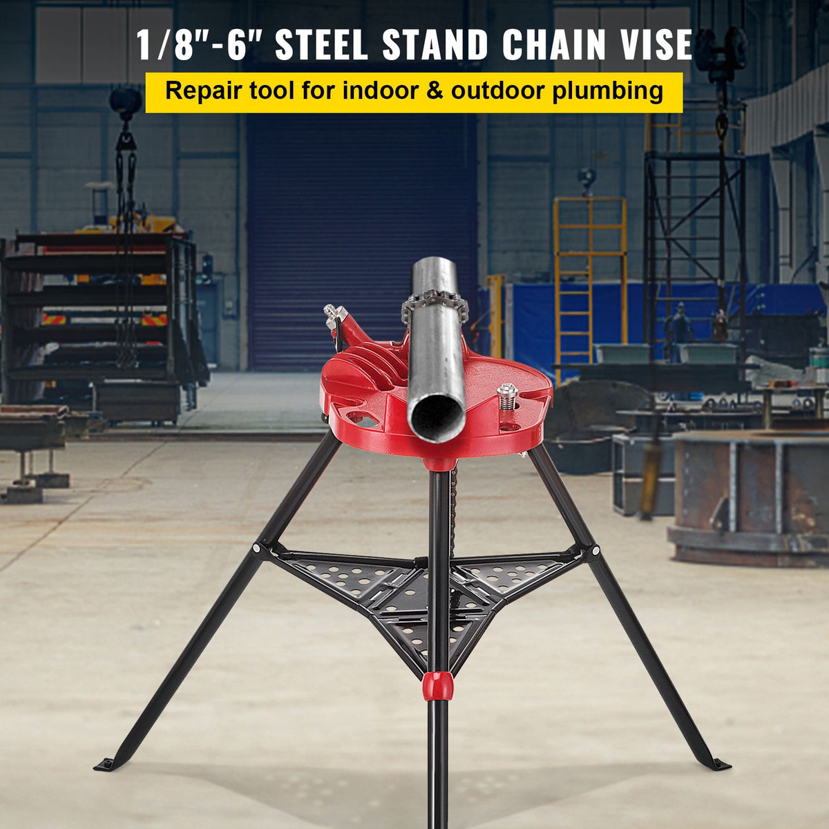 Tripod Pipe Chain Vice Stand 1/8" to 6" w/ Steel Legs & Rubber Mounts Bib