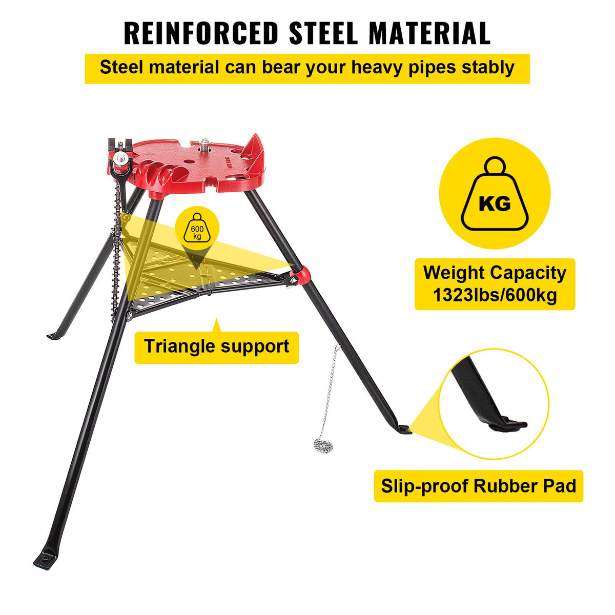 Tripod Pipe Chain Vice Stand 1/8" to 6" w/ Steel Legs & Rubber Mounts Bib