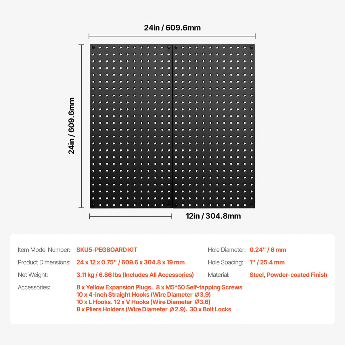 Metal Pegboard Panels609.6 x 304.8 mm2 Panels Wall Organizer for Home