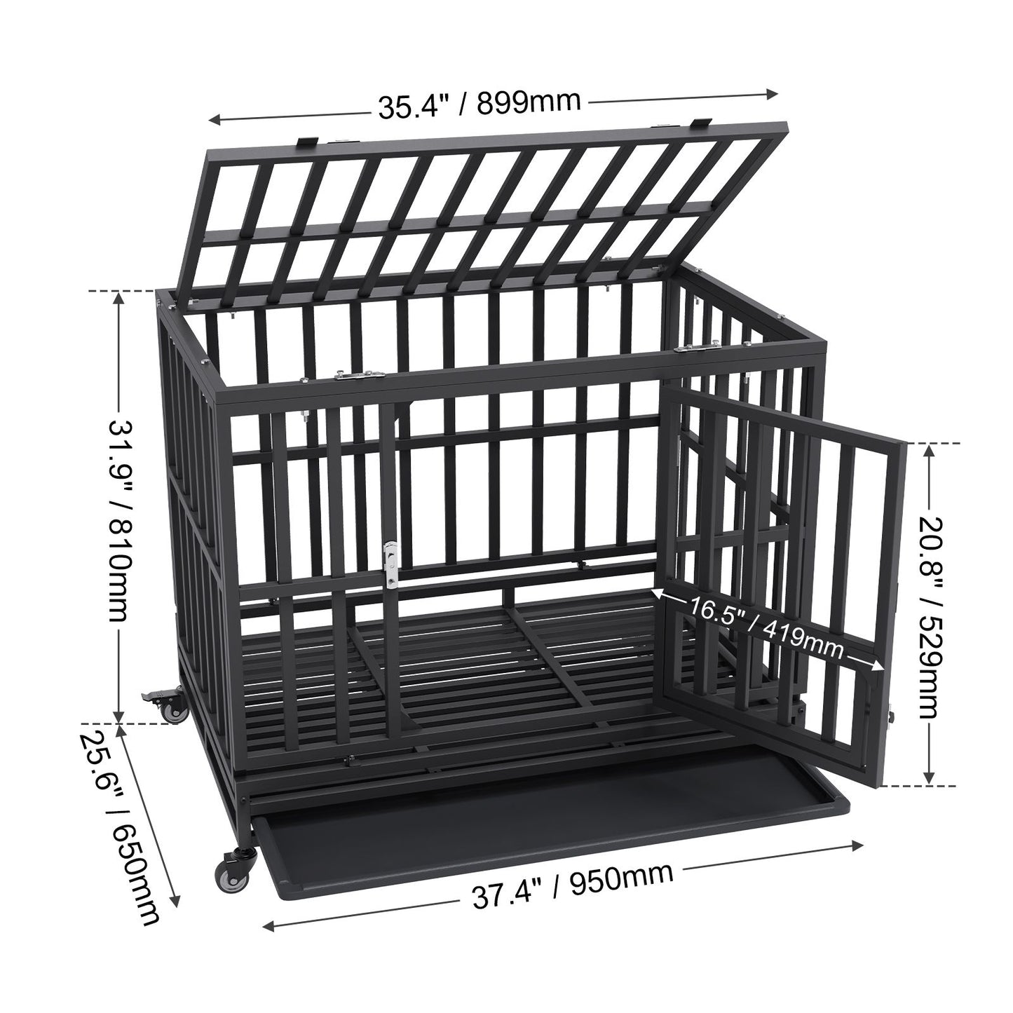 VEVOR Heavy Duty Dog Crate 38 in Metal Dog Kennel with Wheels and Removable Tray