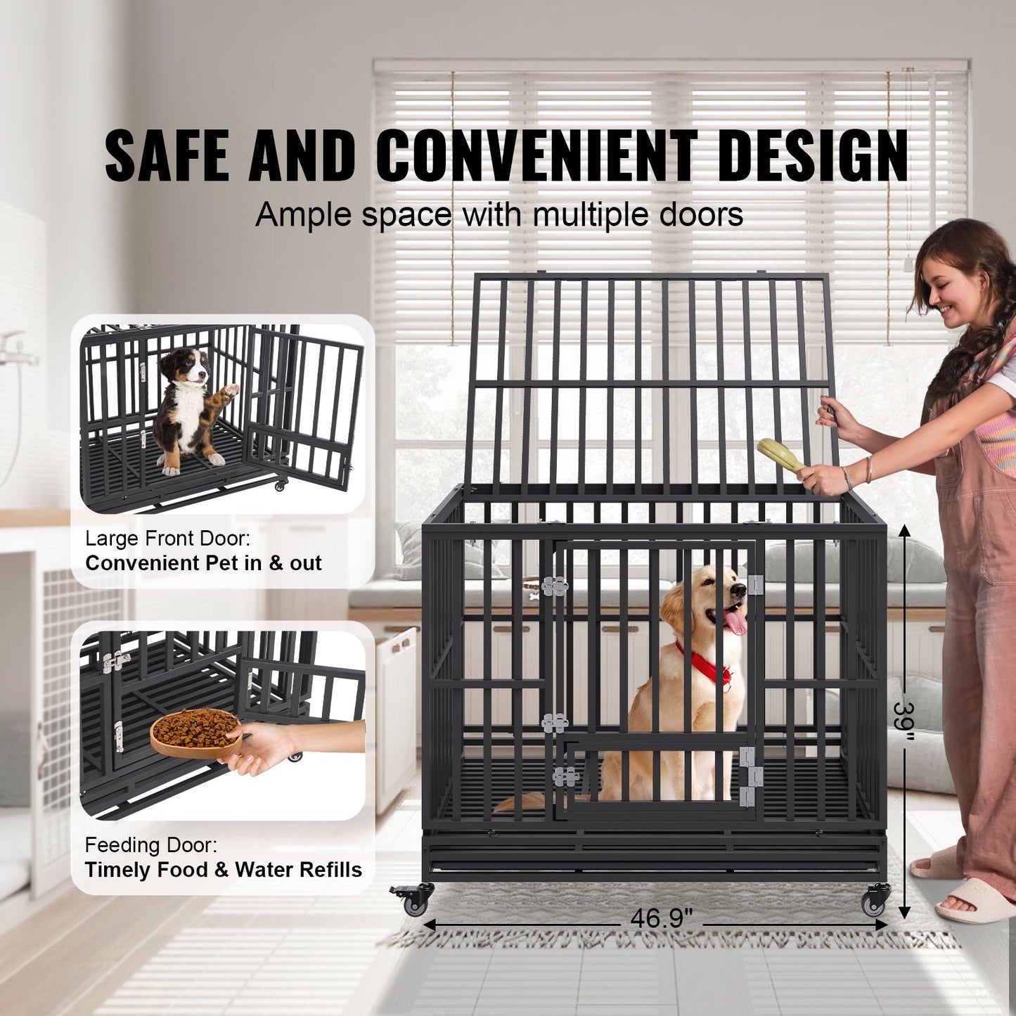 VEVOR 47 Inch Heavy Duty Dog Crate, Indestructible Dog Crate, 3-Door Heavy Duty Dog Kennel for Medium to Large Dogs with Lockable Wheels and Removable Tray, High Anxiety Dog Crate for Indoor & Outdoor