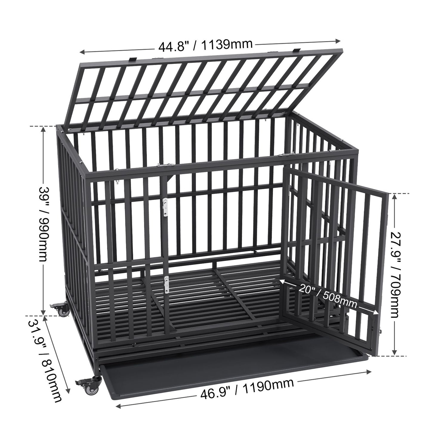 VEVOR 47 Inch Heavy Duty Dog Crate, Indestructible Dog Crate, 3-Door Heavy Duty Dog Kennel for Medium to Large Dogs with Lockable Wheels and Removable Tray, High Anxiety Dog Crate for Indoor & Outdoor
